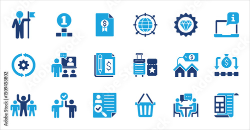 Business company and Management icon set. Contains symbol of teamwork, target, market, global, success, customer service, leadership, holiday, asset, meeting, entrepreneur. Vector illustration