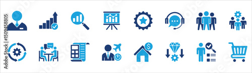 Business and management icon set. Contains symbol of businessman, target, leadership, progress, holiday, data, stock, market, accounting, training, resource, finance, service. Vector illustration
