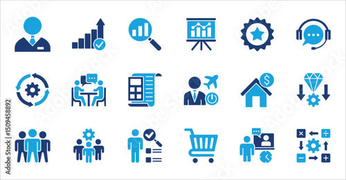 Business company and Management icon set. Contains symbol of teamwork, target, market, global, success, customer service, leadership, holiday, asset, meeting, entrepreneur. Vector illustration