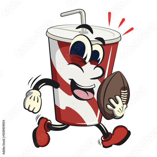 soft drink paper cups retro vektor illustration mascot character playing rugby and american football, work of hand drawn