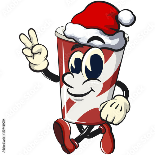 soft drink paper cups retro vektor illustration mascot character wearing a Santa Claus hat while giving a two-finger peace sign, work of hand drawn