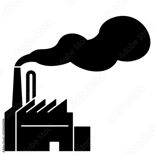 A black illustration of a factory emitting dark smoke.