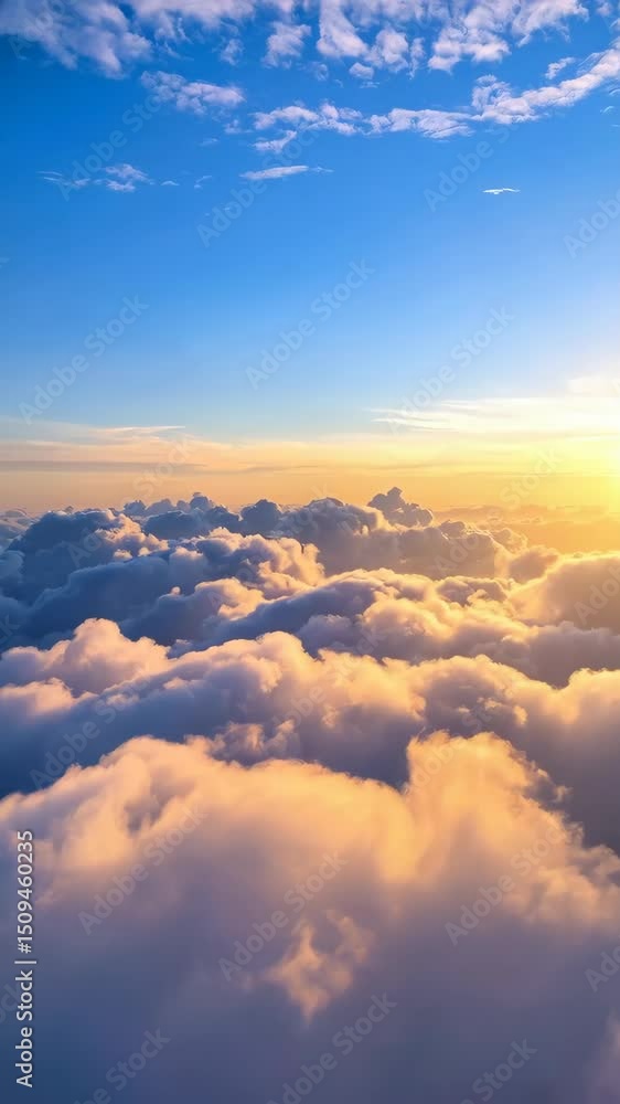 Aerial view of thick clouds against a vibrant blue sky with radiant sunlight streaming from the horizon during golden hour. Aerial view of thick clouds against a vibrant blue sky with radiant sunlight streaming from the horizon during golden hour.