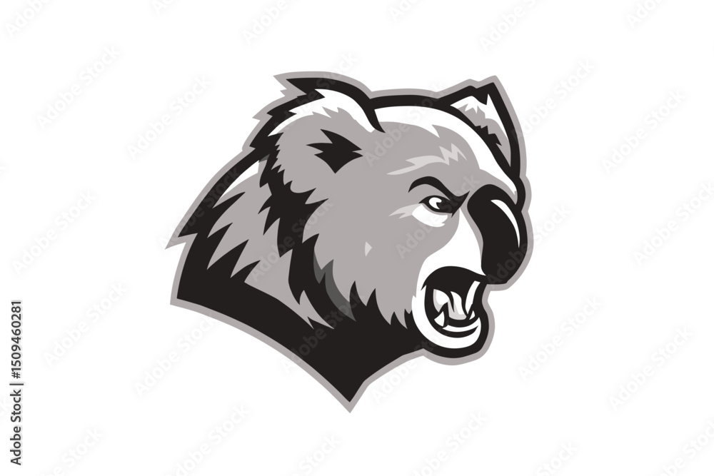 Obraz premium Fierce Looking Koala Bear Head With Open Mouth Illustration in Black and White. minimalist icon vector logo