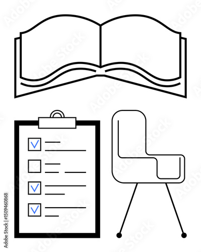 Open book, checklist on clipboard, and a modern chair outline. Ideal for education, studying, productivity, organization, workspace setup, learning environments and a simple landing page