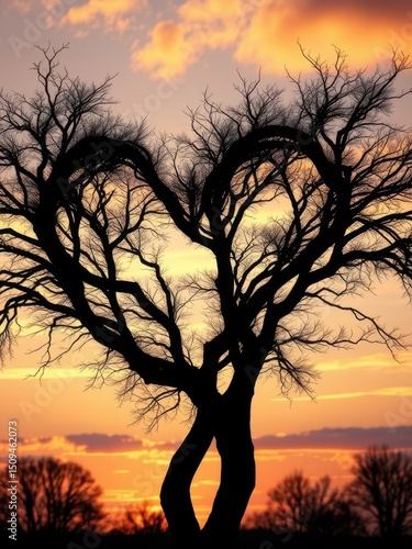 Silhouette of heart-shaped tree branches against sunset sky, landscape, tranquil