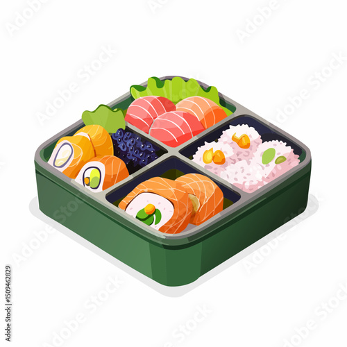 A bento box with sushi and side dishes
