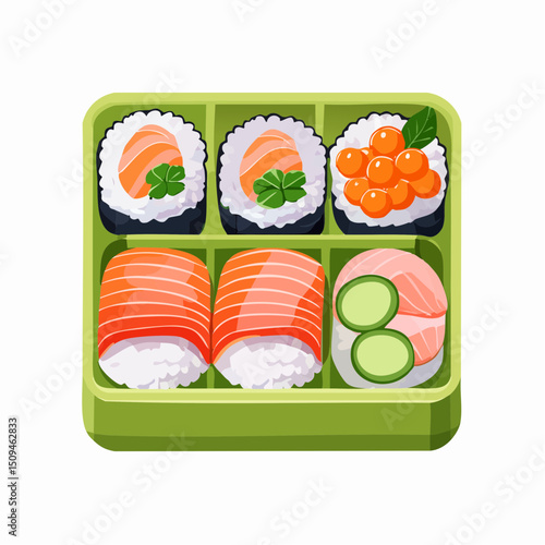 A bento box with sushi and side dishes
