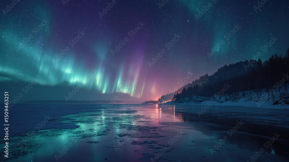 Naklejka premium Aurora borealis over frozen river