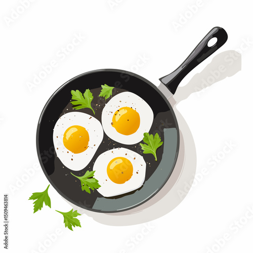 A frying pan with sunny-side-up eggs and herbs
