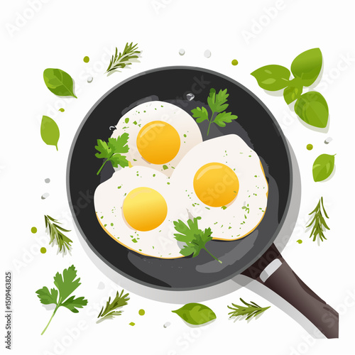 A frying pan with sunny-side-up eggs and herbs
