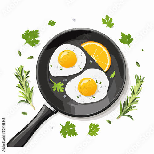 A frying pan with sunny-side-up eggs and herbs
