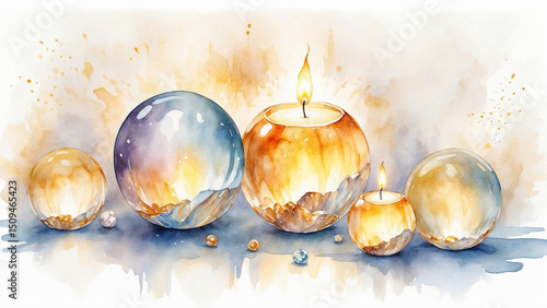 Watercolor background with glowing crystal balls, golden candlelight, spiritual rays, enchanted atmosphere.