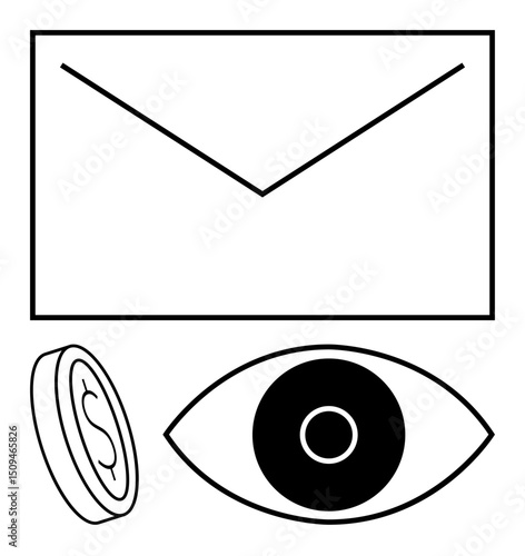 Envelope, abstract eye, and coin symbolizing communication, surveillance, and financial operations. Ideal for privacy, email security, finance, data analysis digital marketing transparency simple