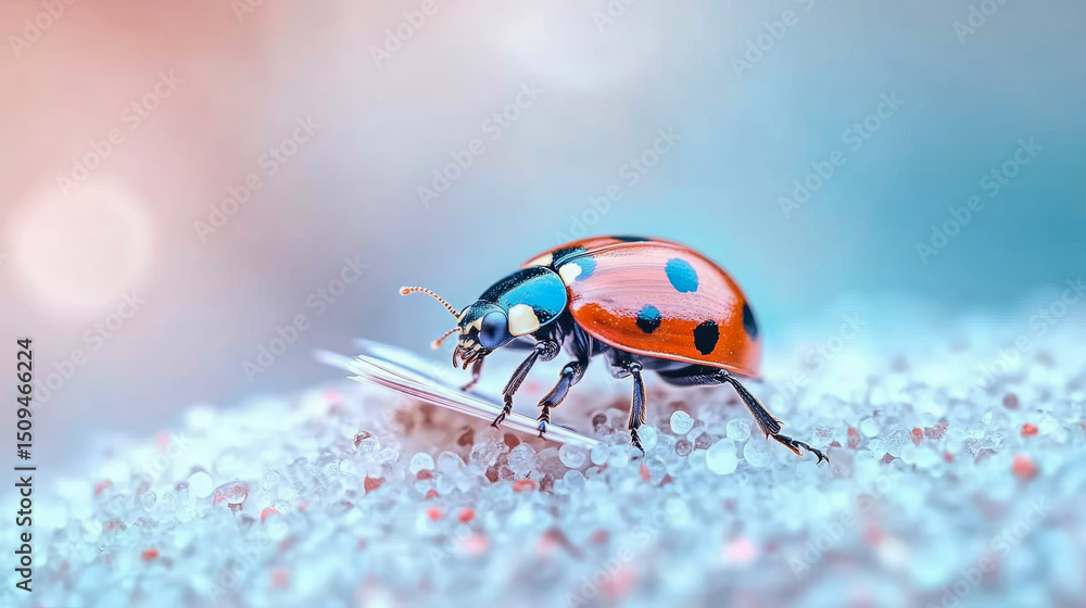 Fototapeta premium Ladybug close-up on a white crystals surface, arthropod with bright colors and spots in a colorful serene environment, nature