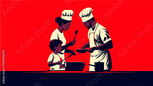 Family Cooking Together: Father, Mother, and Son in Chef Hats Preparing a Meal