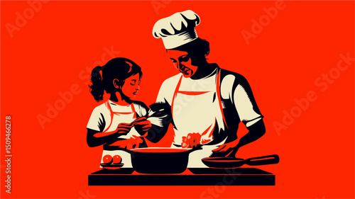 Mother and Daughter Cooking Together, Wearing Aprons and Chef Hat, in Graphic Style