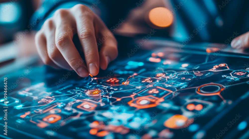 Technology Concept: Engineer's hand manipulating an interactive digital interface displaying circuit diagrams and network connections. Technology Concept: Engineer's hand manipulating an interactive digital interface displaying circuit diagrams and network connections.