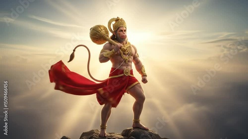 Epic depiction of the divine monkey god hanuman standing heroically on a mountaintop with radiant sunlight breaking through the clouds