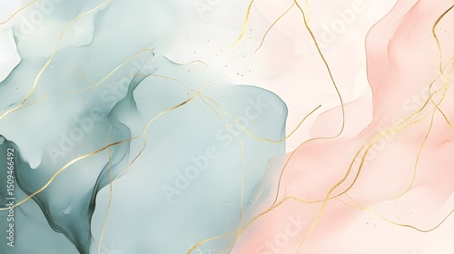 Abstract Pink and Teal Alcohol Ink Background with Gold Lines