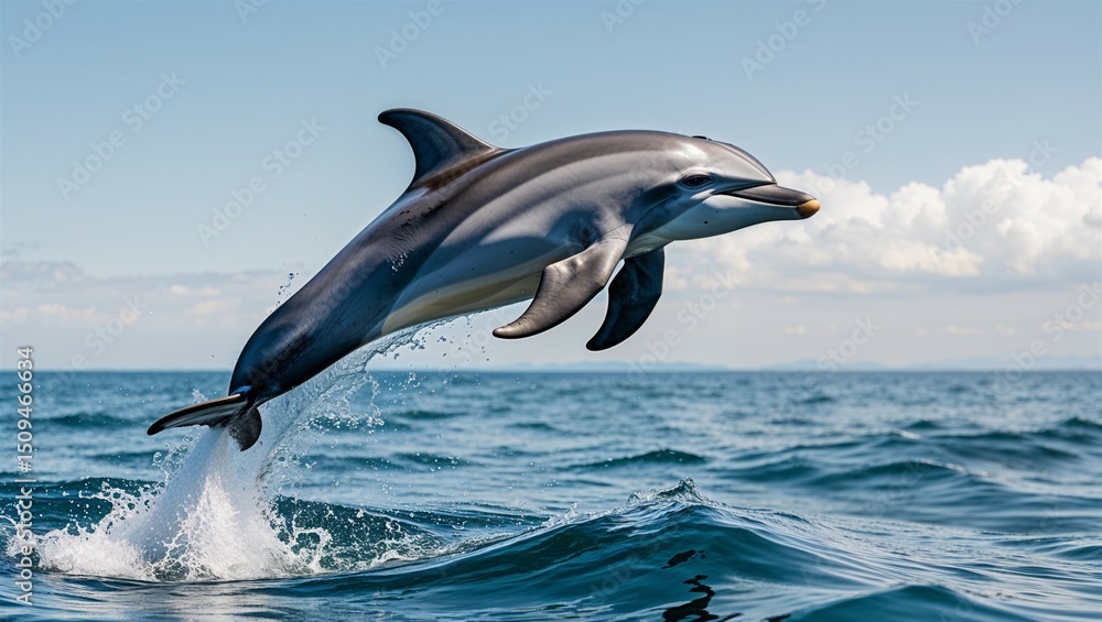 Fototapeta premium Full-body bottlenose dolphin breaching surface with arc shape and flippers visible, white