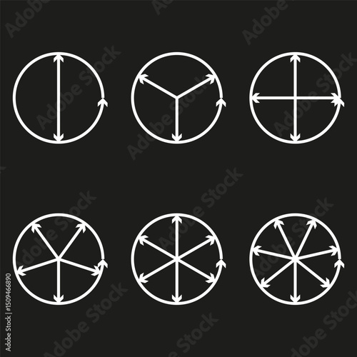 Circle segment icon. Division arrow set. Circular split graphic. Vector direction element.