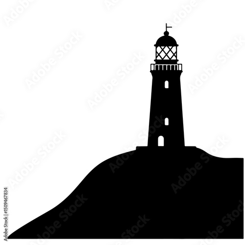 A lighthouse silhouette on a hill, illustrated in black and white.