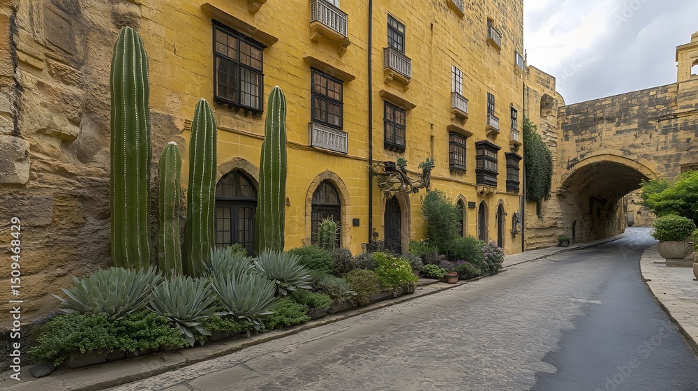 Obraz premium Yellow Building Street Cactus Plants Malta Architecture