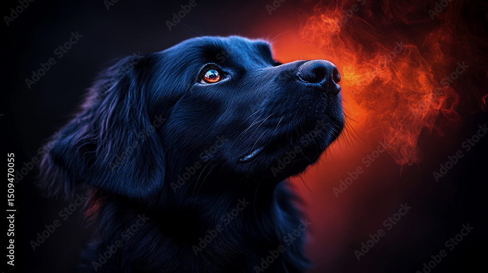 Noble canine gaze: A sleek, dark coated dog gazes upwards towards a fiery orange glow, embodying loyalty and intelligence, purpose: design for a poster or pet product Noble canine gaze: A sleek, dark coated dog gazes upwards towards a fiery orange glow, embodying loyalty and intelligence, purpose: design for a poster or pet product