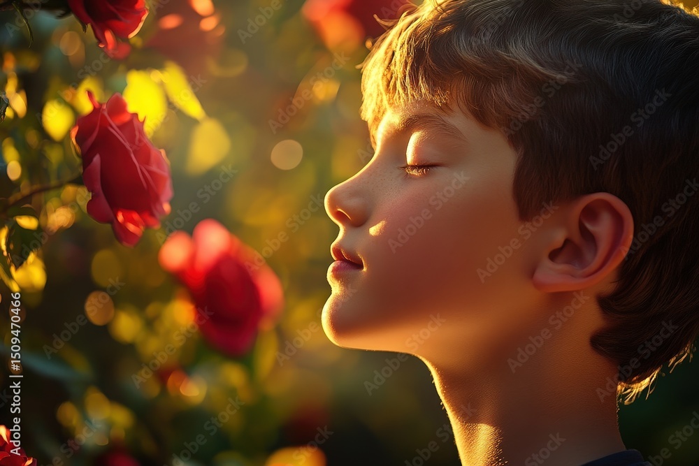 Fototapeta premium A boy in profile, smelling roses in the garden.