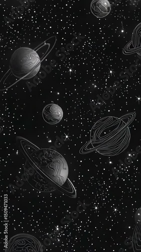 Outer space coloring page background with stars and planets, black backdrop animation