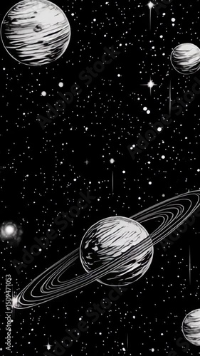 4K Loop: Dark Space Coloring Page for Kids with Planets and Stars – Minimal Animated Background