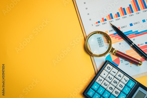 Business concept. Business analysis and financial report showcasing growth trends with calculator, magnifying glass, and pen
