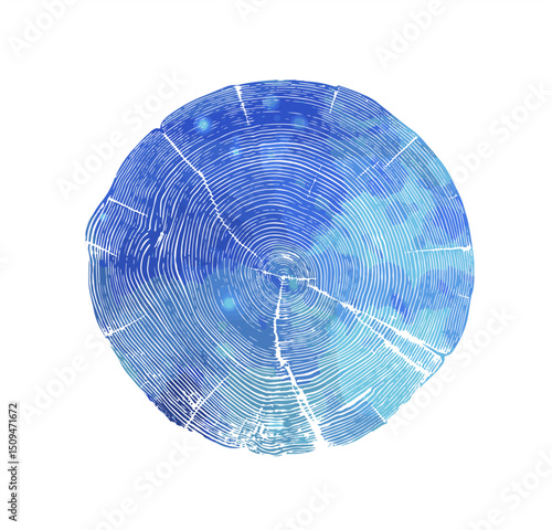 Watercolor water ripple pattern in circle on tree rings texture. Blue liquid overlay mask.
