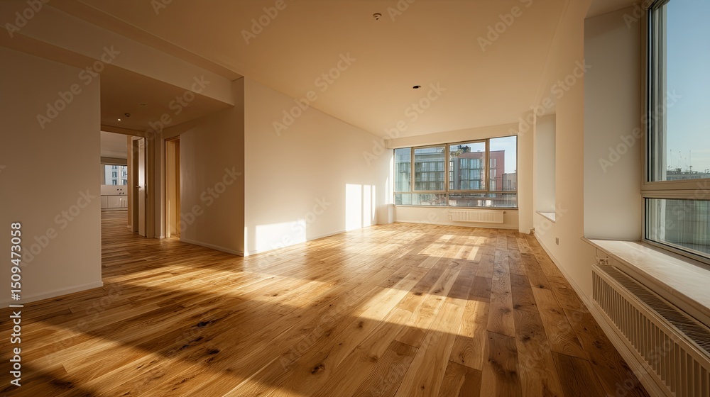 Spacious empty modern interior with wooden flooring, neutral color walls, and minimalistic architectural design in a wide angle view Spacious empty modern interior with wooden flooring, neutral color walls, and minimalistic architectural design in a wide angle view