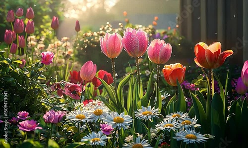 Vibrant Spring Garden Sunlit Tulips and Daisies in Bloom