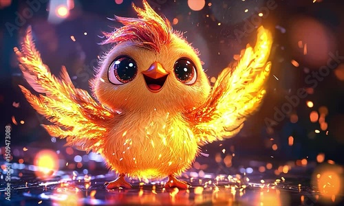Fiery Chick Adorable Animated Cartoon Bird with Flaming Wings
