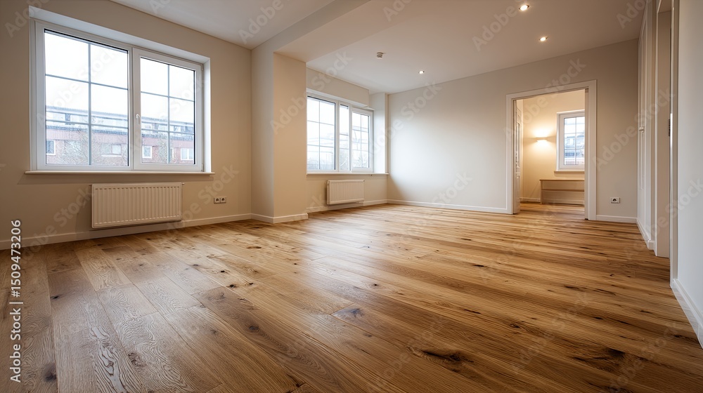Spacious empty modern interior with wooden flooring, neutral color walls, and minimalistic architectural design in a wide angle view Spacious empty modern interior with wooden flooring, neutral color walls, and minimalistic architectural design in a wide angle view