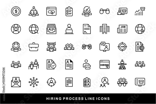 Hiring Process Line Icons. Recruitment, Job Application, Interview, Candidate Selection Vector Set