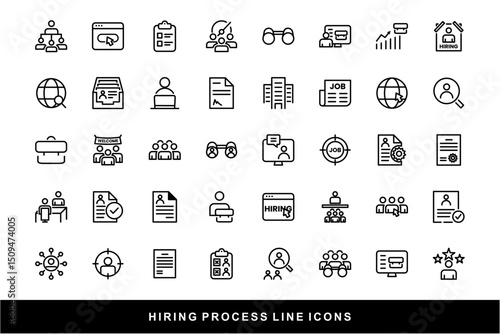 Hiring Process Line Icons. Recruitment, Job Application, Interview, Candidate Selection Vector Set