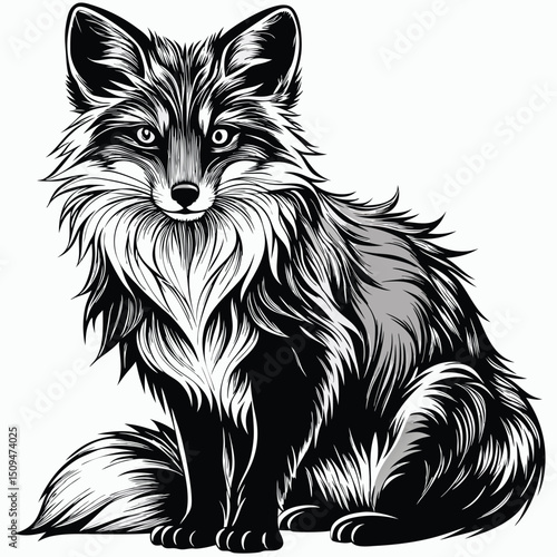 Intricate Line Art Illustration of a Sitting Fox