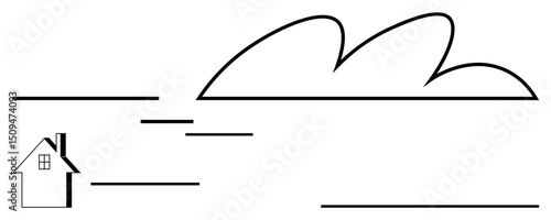 Small house with chimney surrounded by flowing lines symbolizing wind, large abstract cloud shape above. Ideal for nature, serenity, home, weather, minimalism, landscape calmness. Flat simple