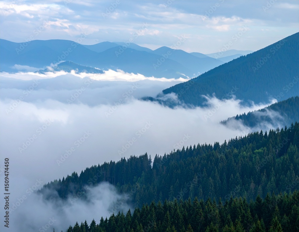 Obraz premium Misty Mountains and Pine Forest