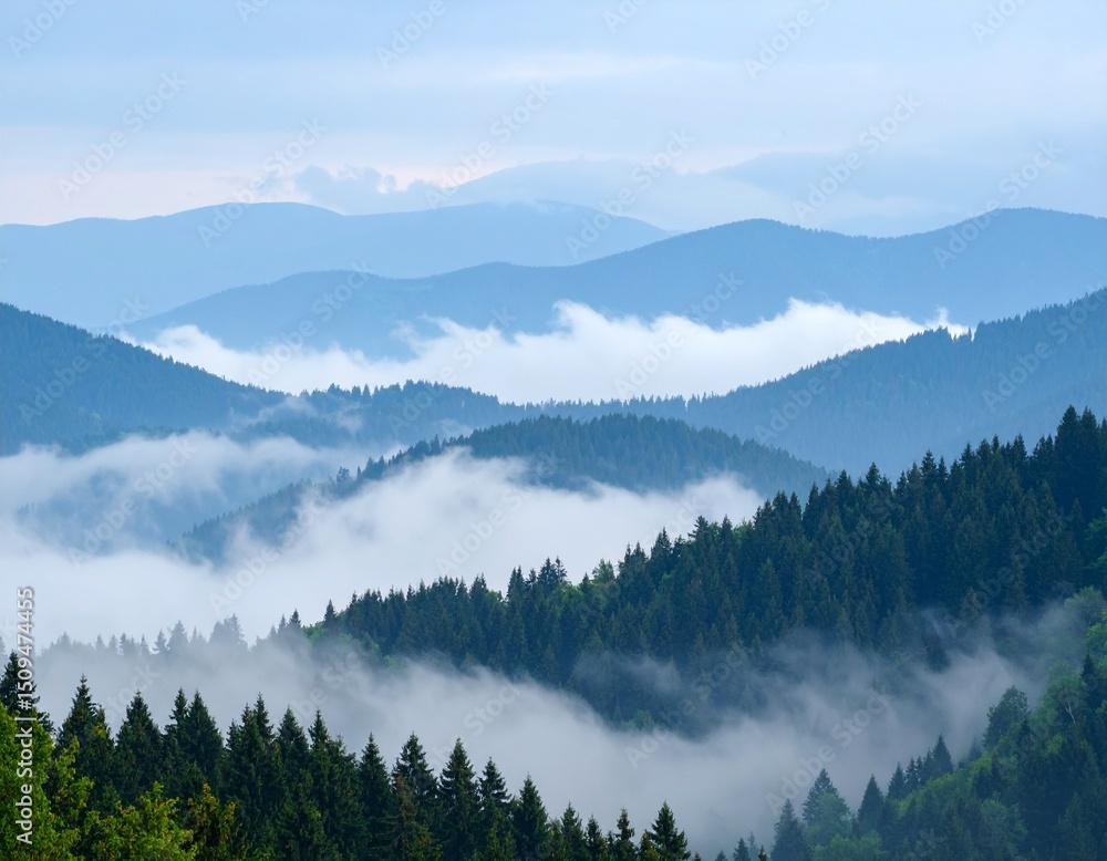 Fototapeta premium Misty Mountains and Pine Forest