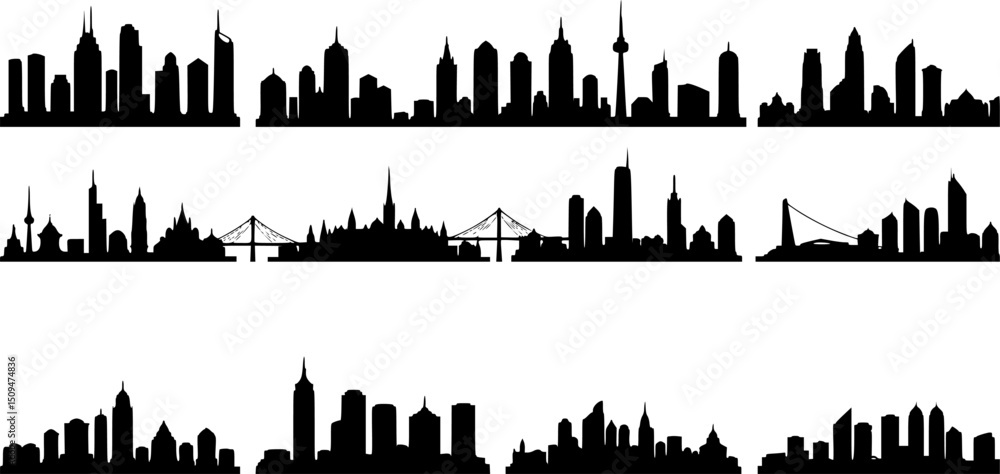 Fototapeta premium City silhouette vector set. Panorama city background. Skyline urban border collection.