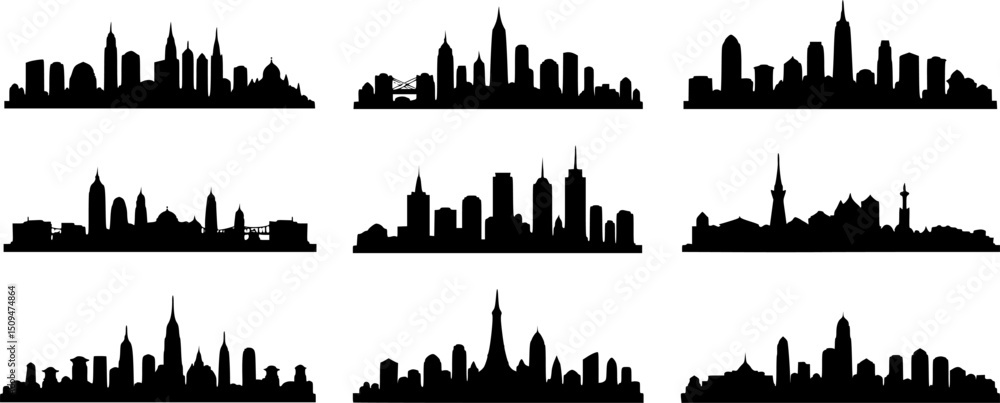 Fototapeta premium City silhouette vector set. Panorama city background. Skyline urban border collection.