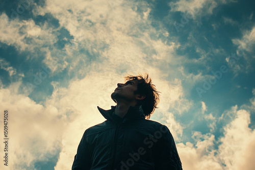 Fototapeta Naklejka Na Ścianę i Meble -  Lone man looking up at the sky silhouette