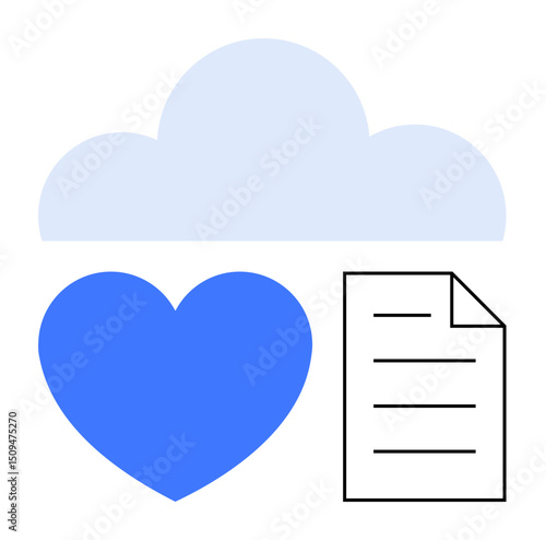 Cloud icon above blue heart and paper document representing cloud storage, love, and digital data sharing. Ideal for technology, communication, emotions, networking, documentation, file sharing