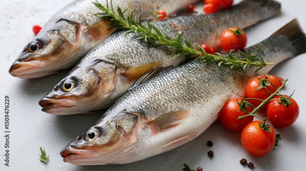 Fototapeta premium Three whole sea bass fish are beautifully arranged with fresh herbs and ripe cherry tomatoes, showcasing their stunning silver skin and inviting appearance, perfect for a delicious meal