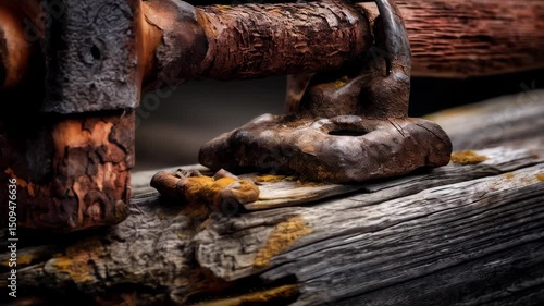Wallpaper Mural Close-up of a rustic, aged hammer with weathered wooden handle and rusty metal head resting on a distressed wood surface Torontodigital.ca